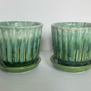Pair Vintage McCoy Planters, Green bamboo design, frosty top, 0372, 1950s-1960s
